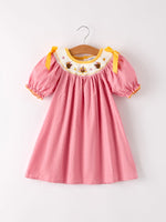 Rylee Faith Designs - Fall Thanksgiving Turkey Leaf Embroidery Smocking Bow Girls Dress