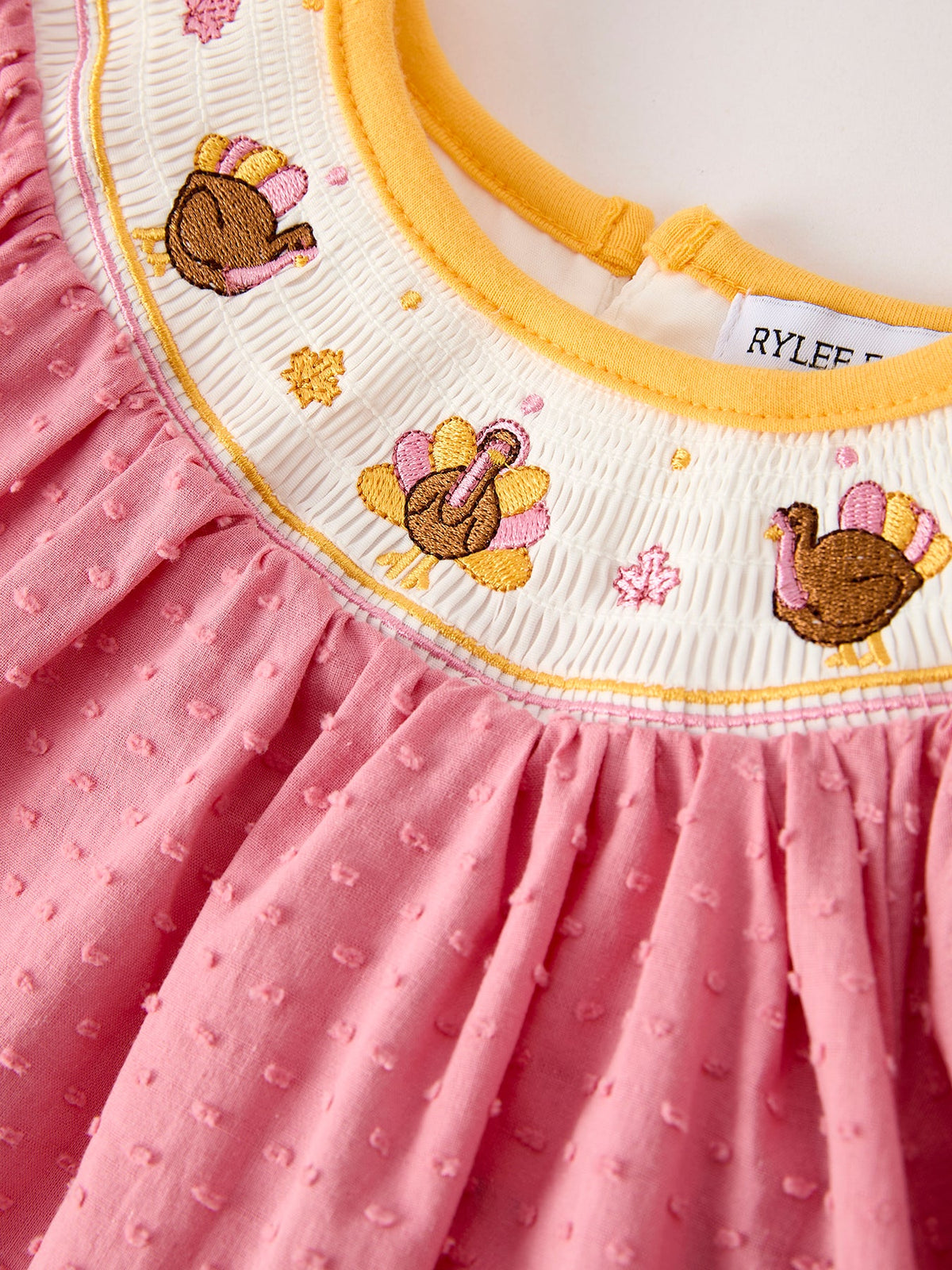Rylee Faith Designs - Fall Thanksgiving Turkey Leaf Embroidery Smocking Bow Girls Dress - alternate view 3