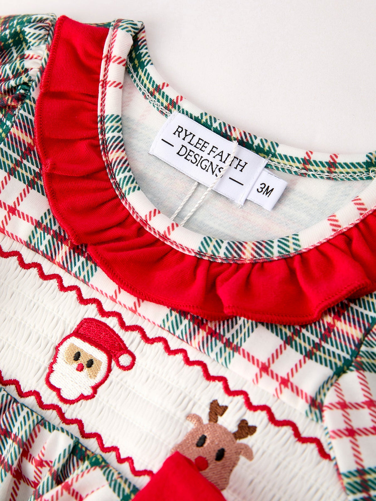 Rylee Faith Designs - Christmas Plaid Smocking Embroidered Girls Bloomers Romper Set - alternate view 8