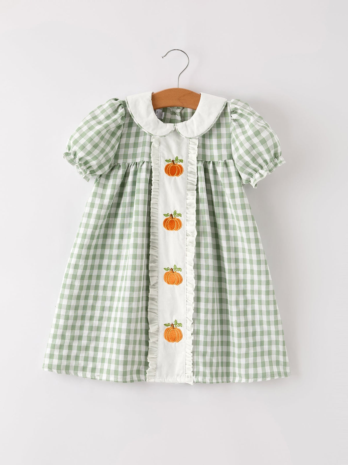 Rylee Faith Designs - Fall Halloween & Thanksgiving Pumpkin Applique Plaid Green Girls Dress - alternate view 6