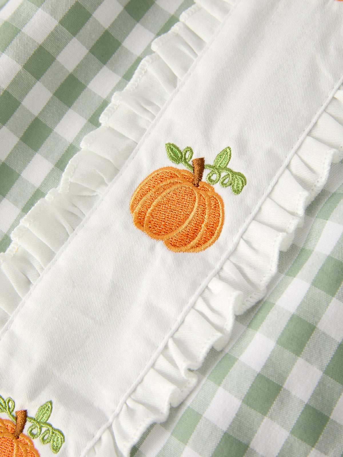 Rylee Faith Designs - Fall Halloween & Thanksgiving Pumpkin Applique Plaid Green Girls Dress - alternate view 8