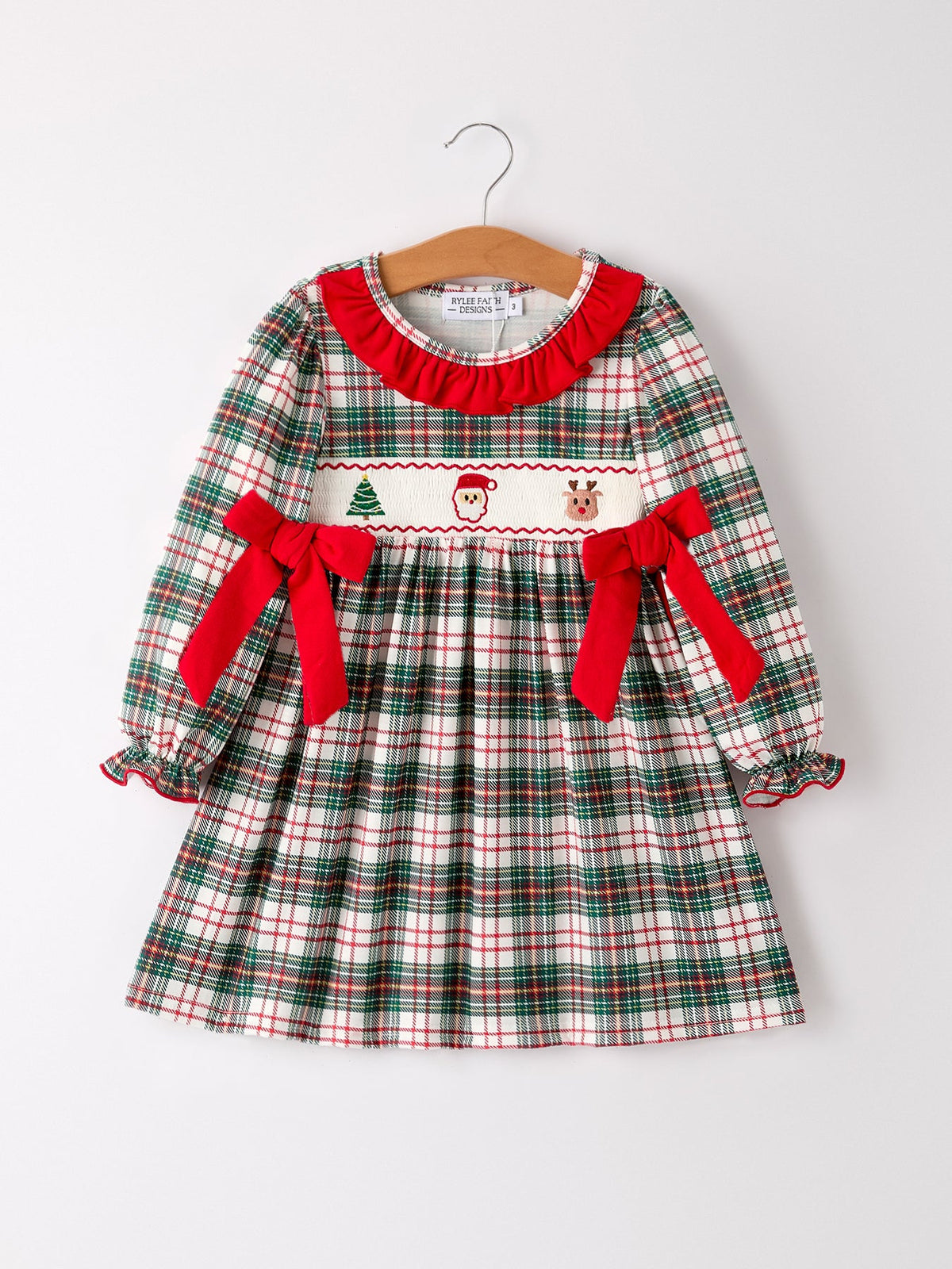 Rylee Faith Designs - Christmas Embroidery Smocking Bow Plaid Girls Dress - alternate view 5