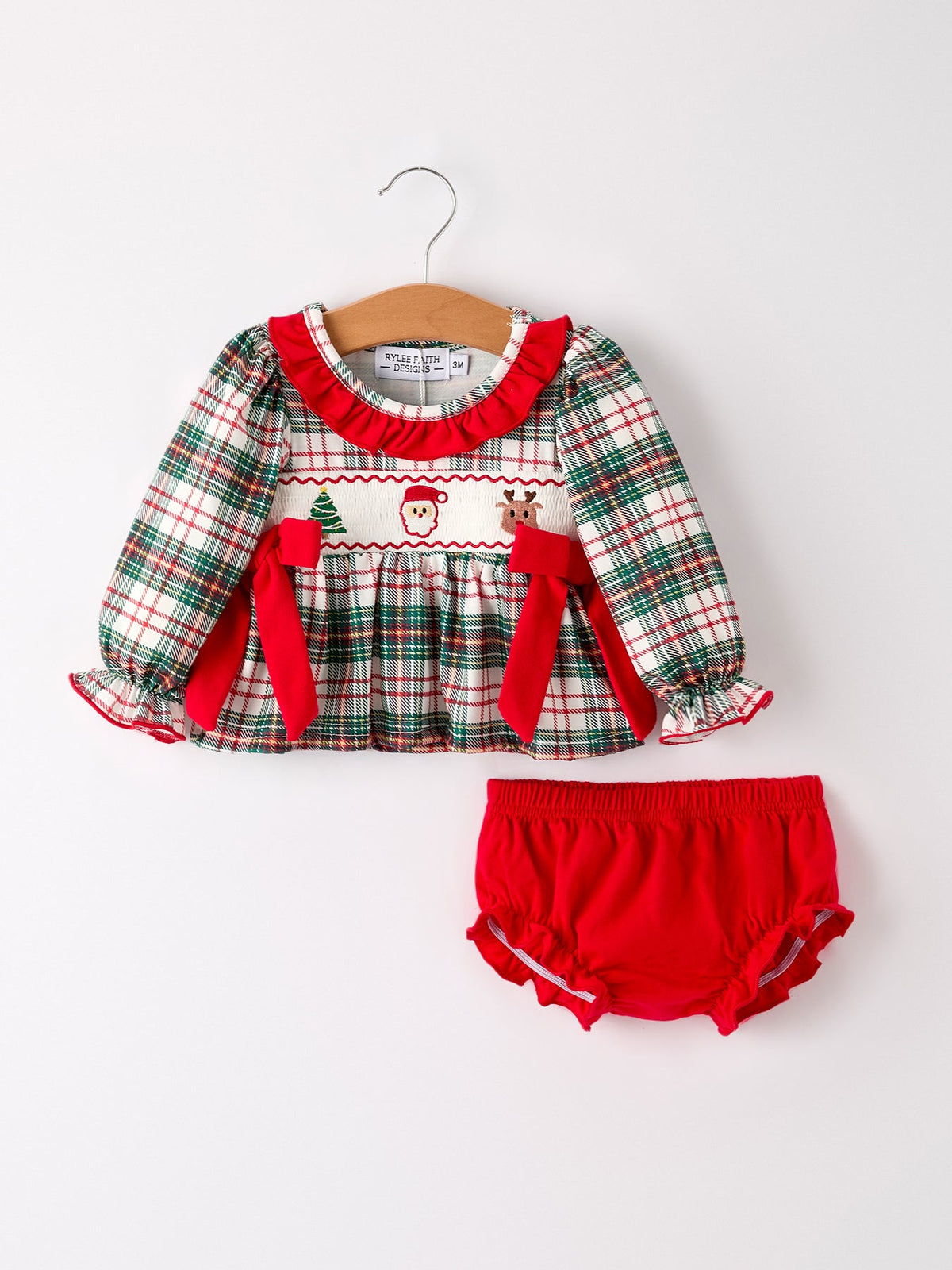 Rylee Faith Designs - Christmas Plaid Smocking Embroidered Girls Bloomers Romper Set - alternate view 6