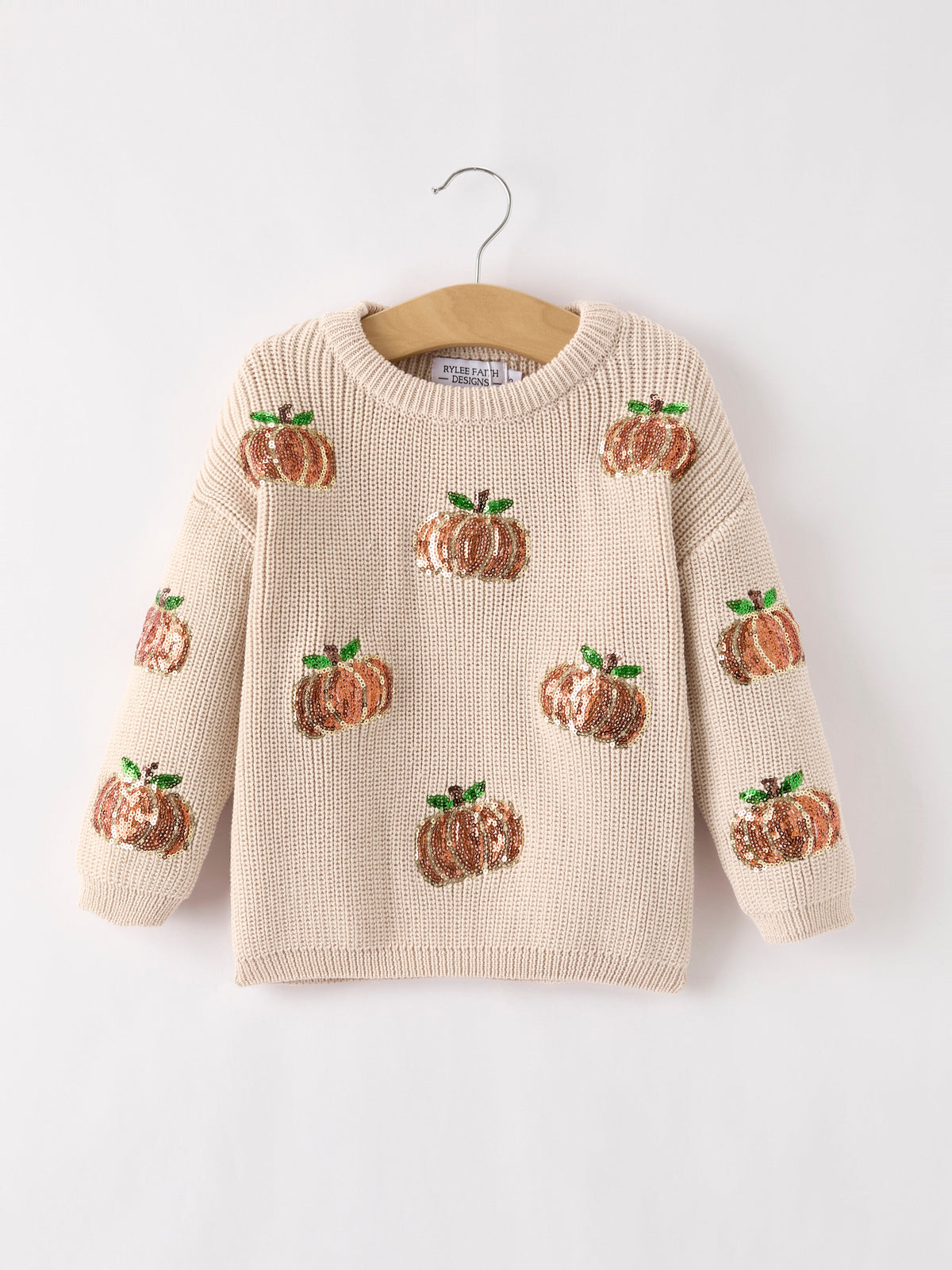 Rylee Faith Designs - Thanksgiving Pumpkin Sequin Sweater – Beige, Perfect for Fall - alternate view 5