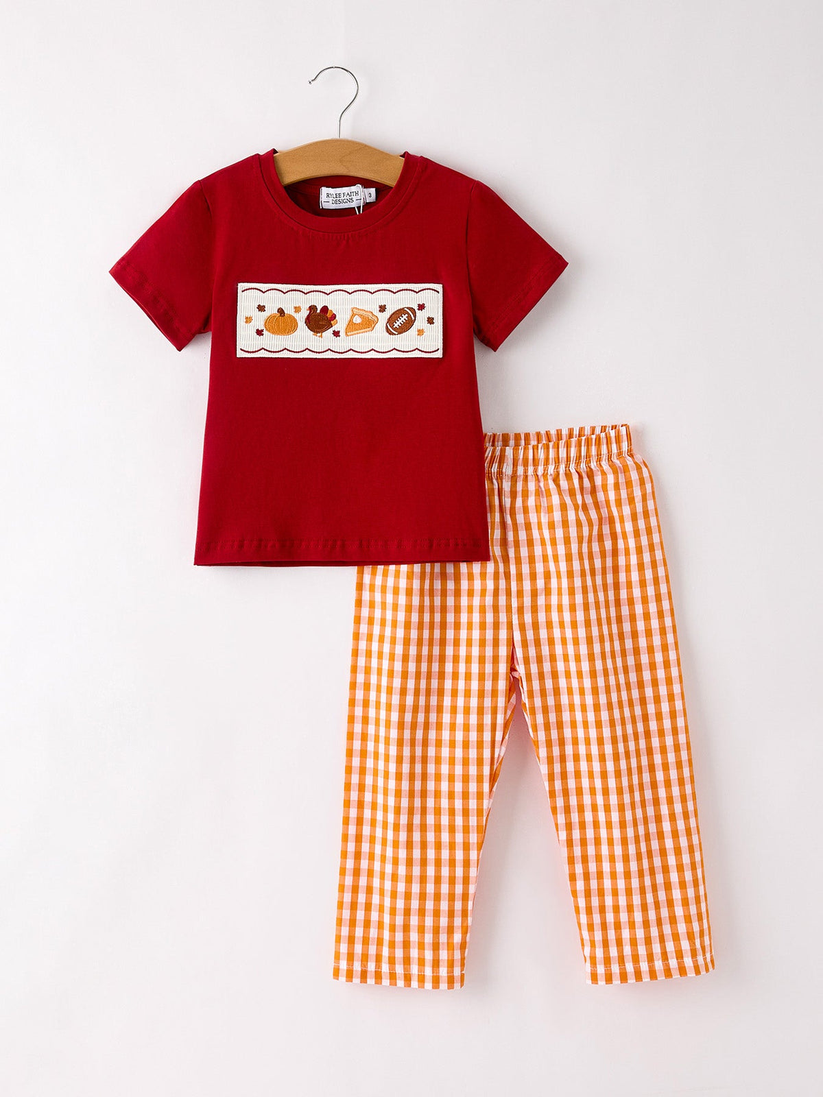 Rylee Faith Designs - Fall Turkey Embroidered Boy Set – Orange Checkered with Thanksgiving Details
