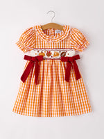 Rylee Faith Designs - Fall Turkey Embroidered Dress for Girls – Orange Checkered with Thanksgiving Details