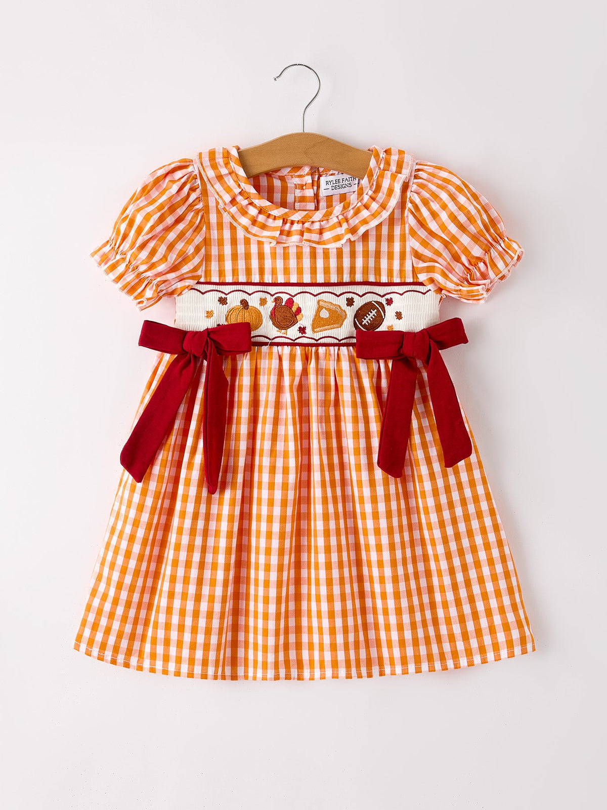 Rylee Faith Designs - Fall Turkey Embroidered Dress for Girls – Orange Checkered with Thanksgiving Details