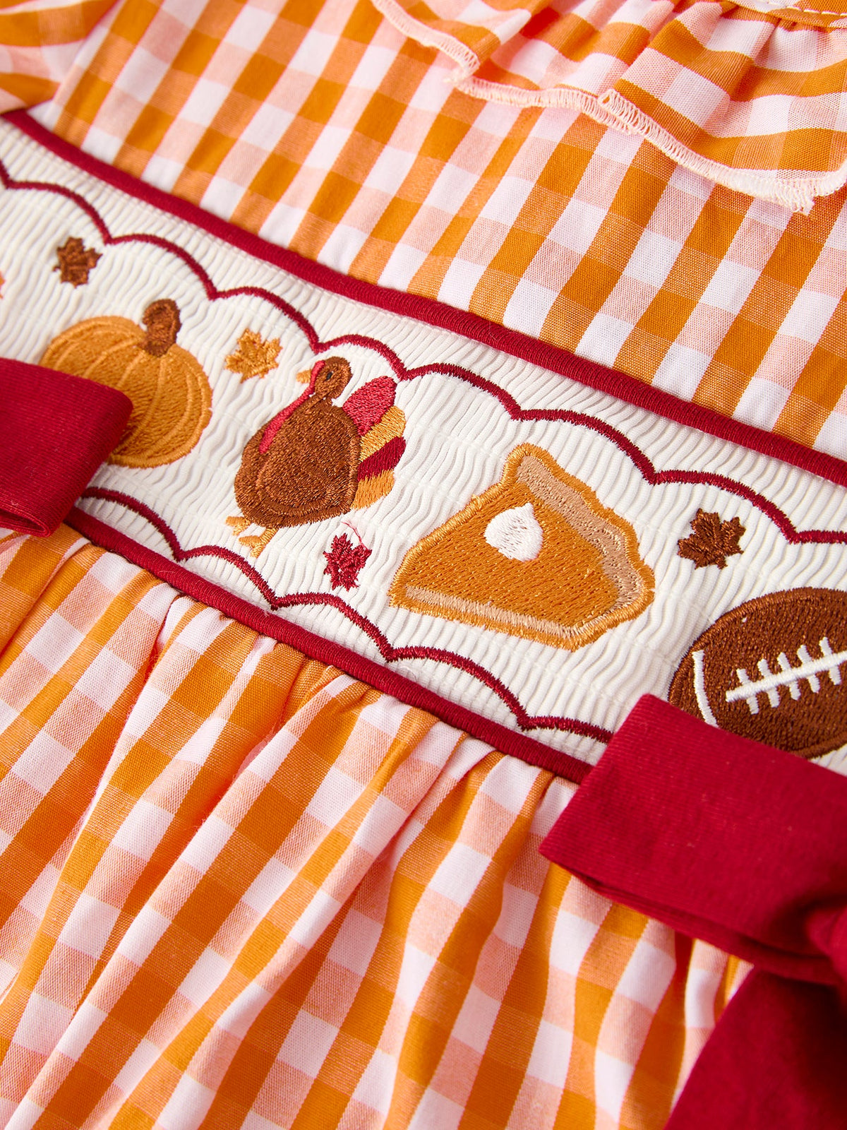 Rylee Faith Designs - Fall Turkey Embroidered Dress for Girls – Orange Checkered with Thanksgiving Details - alternate view 3