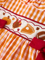 Rylee Faith Designs - Fall Turkey Embroidered Dress for Girls – Orange Checkered with Thanksgiving Details - alternate view 3