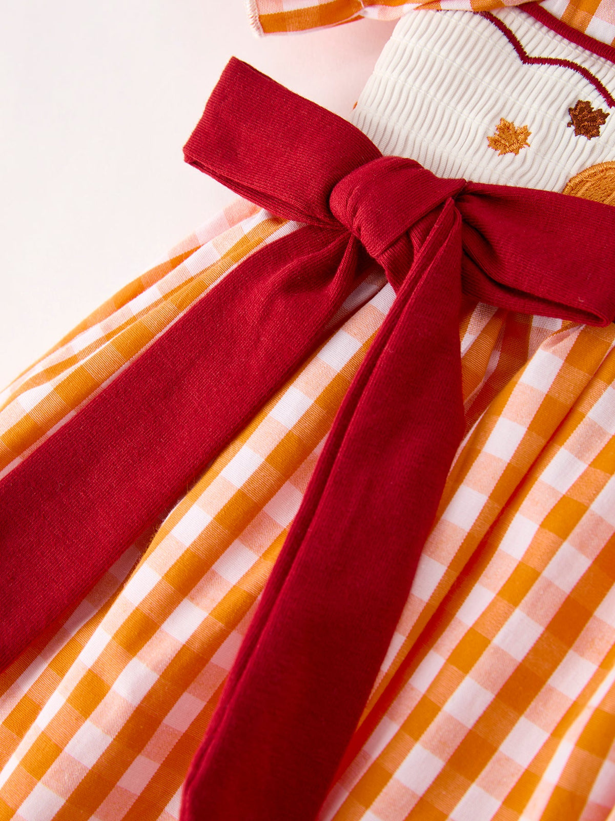 Rylee Faith Designs - Fall Turkey Embroidered Dress for Girls – Orange Checkered with Thanksgiving Details - alternate view 4