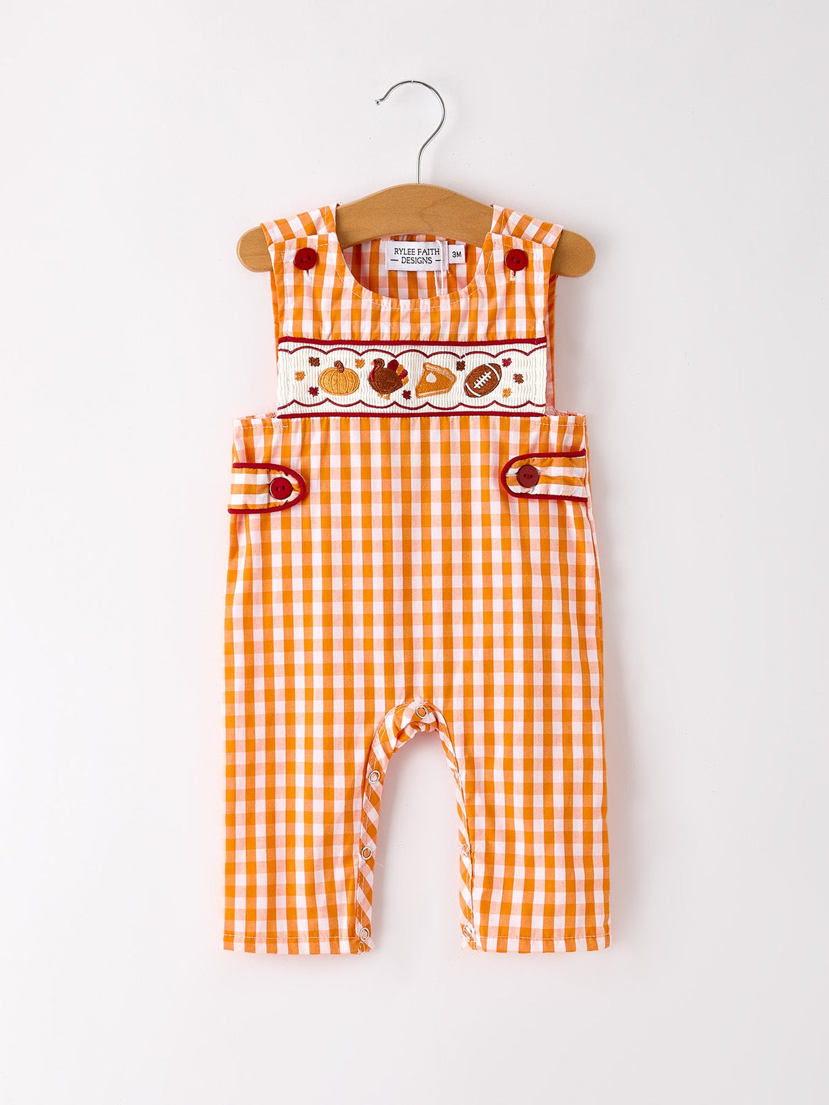 Rylee Faith Designs - Fall Turkey Embroidered Romper for Baby Boys – Orange Checkered with Thanksgiving Details