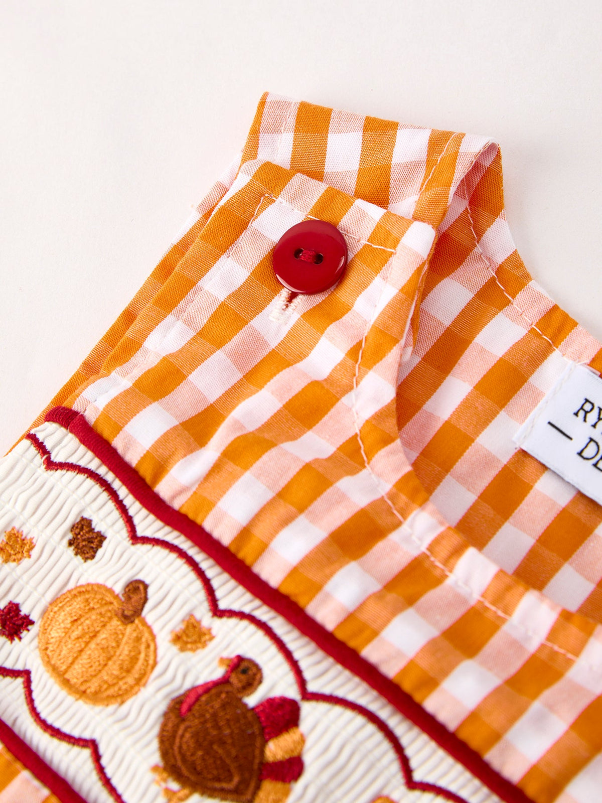 Rylee Faith Designs - Fall Turkey Embroidered Romper for Baby Boys – Orange Checkered with Thanksgiving Details - alternate view 3