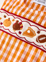 Rylee Faith Designs - Fall Turkey Embroidered Romper for Baby Boys – Orange Checkered with Thanksgiving Details - alternate view 4