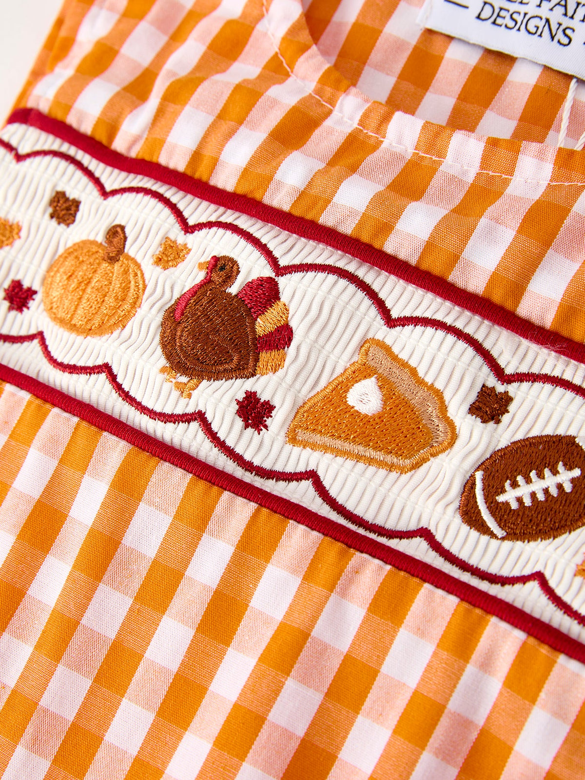 Rylee Faith Designs - Fall Turkey Embroidered Romper for Baby Boys – Orange Checkered with Thanksgiving Details - alternate view 4