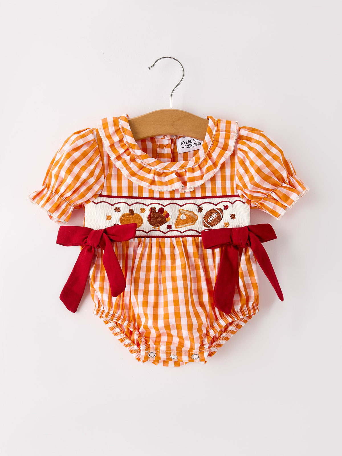 Rylee Faith Designs - Turkey Fall Embroidered Romper for Baby Girls – Orange Checkered with Thanksgiving Details