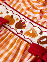 Rylee Faith Designs - Turkey Fall Embroidered Romper for Baby Girls – Orange Checkered with Thanksgiving Details - alternate view 3
