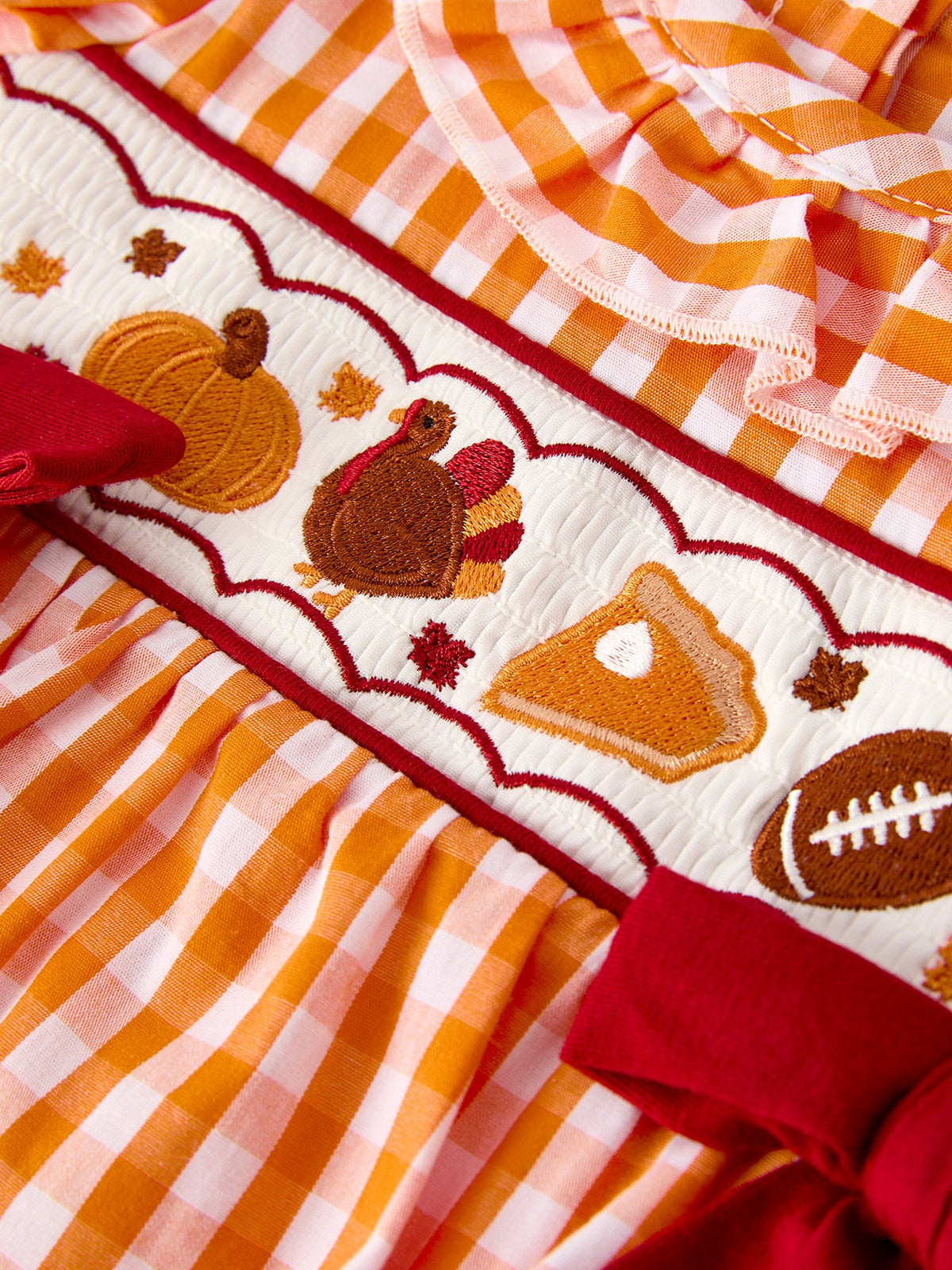 Rylee Faith Designs - Turkey Fall Embroidered Romper for Baby Girls – Orange Checkered with Thanksgiving Details - alternate view 3