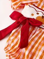 Rylee Faith Designs - Turkey Fall Embroidered Romper for Baby Girls – Orange Checkered with Thanksgiving Details - alternate view 4