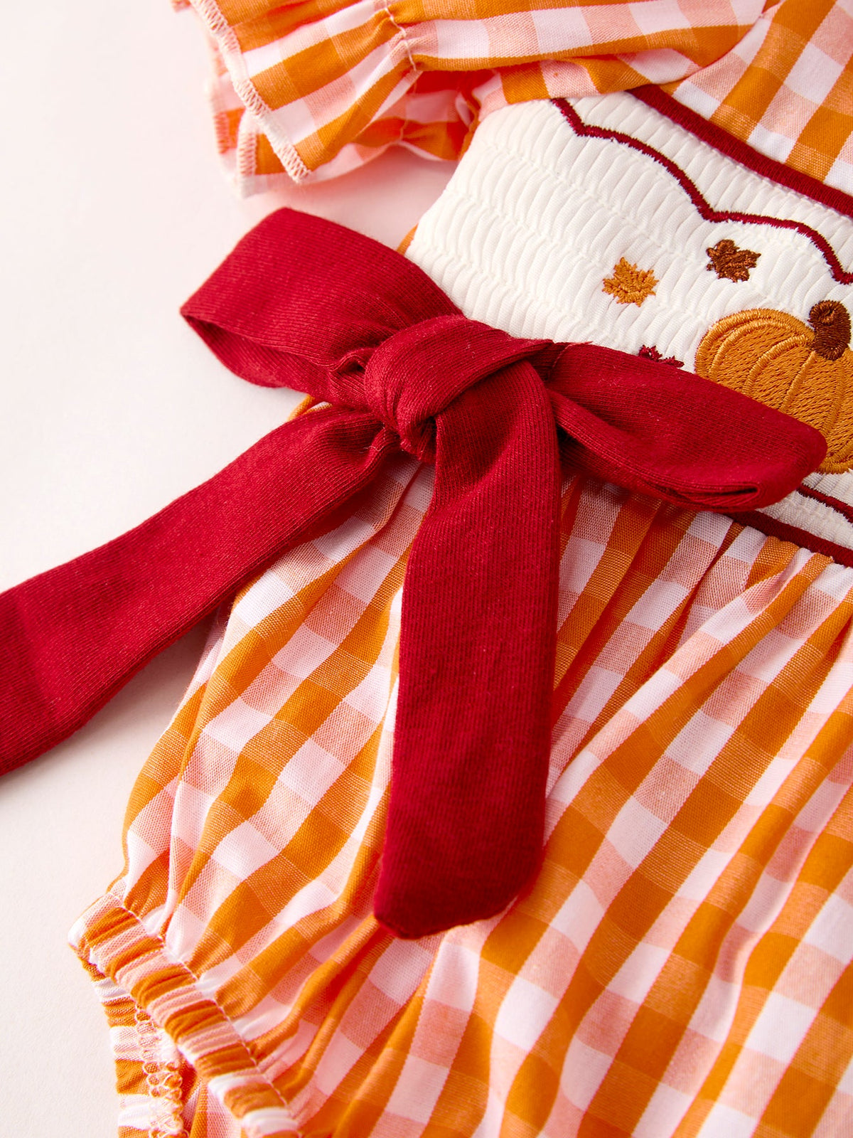 Rylee Faith Designs - Turkey Fall Embroidered Romper for Baby Girls – Orange Checkered with Thanksgiving Details - alternate view 4