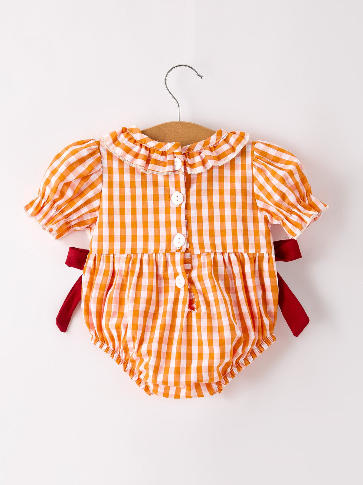 Rylee Faith Designs - Turkey Fall Embroidered Romper for Baby Girls – Orange Checkered with Thanksgiving Details - alternate view 2