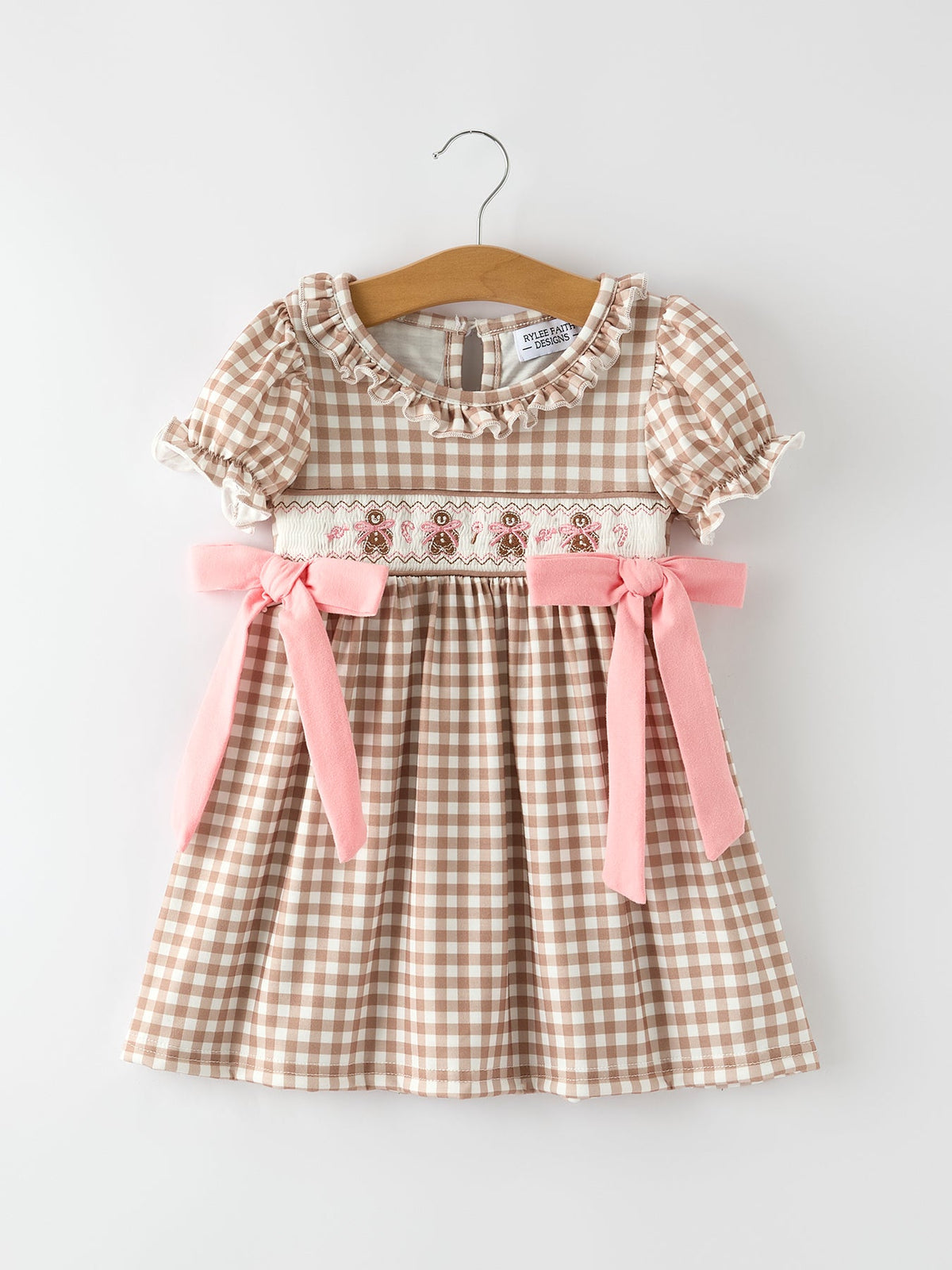 Rylee Faith Designs - Christmas Vintage-Style Plaid Dress with Embroidered Gingerbread and Bows - alternate view 7