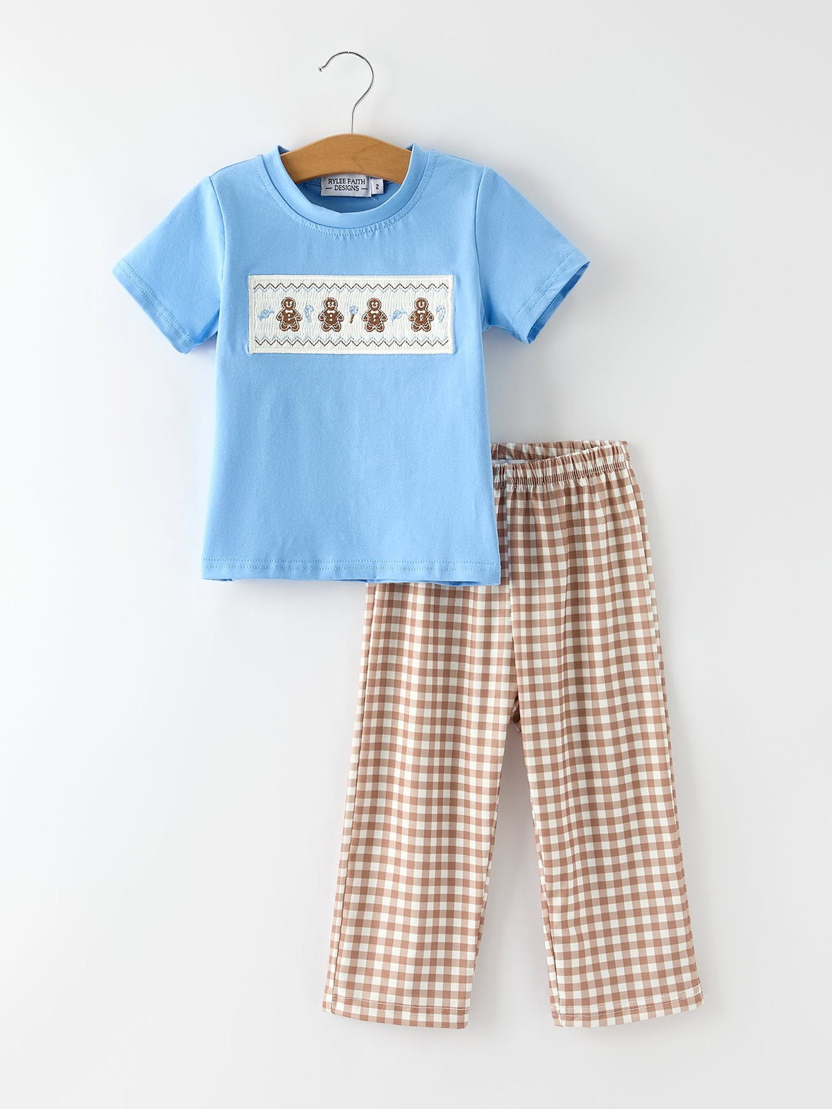 Rylee Faith Designs - Christmas Vintage-Style Embroidered Gingerbread Plaid Boys Set