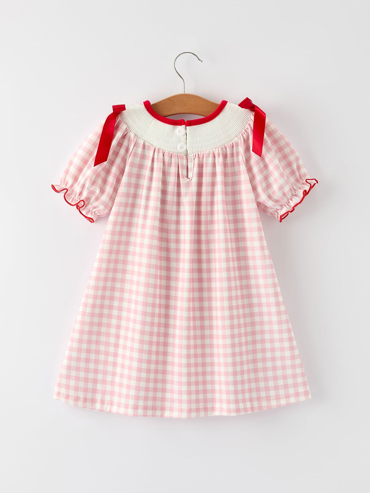 Rylee Faith Designs - Pink Gingham Christmas Girls Dress: Santa Embroidery with Red Satin Ribbon - alternate view 2
