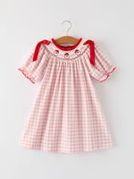 Rylee Faith Designs - Pink Gingham Christmas Girls Dress: Santa Embroidery with Red Satin Ribbon