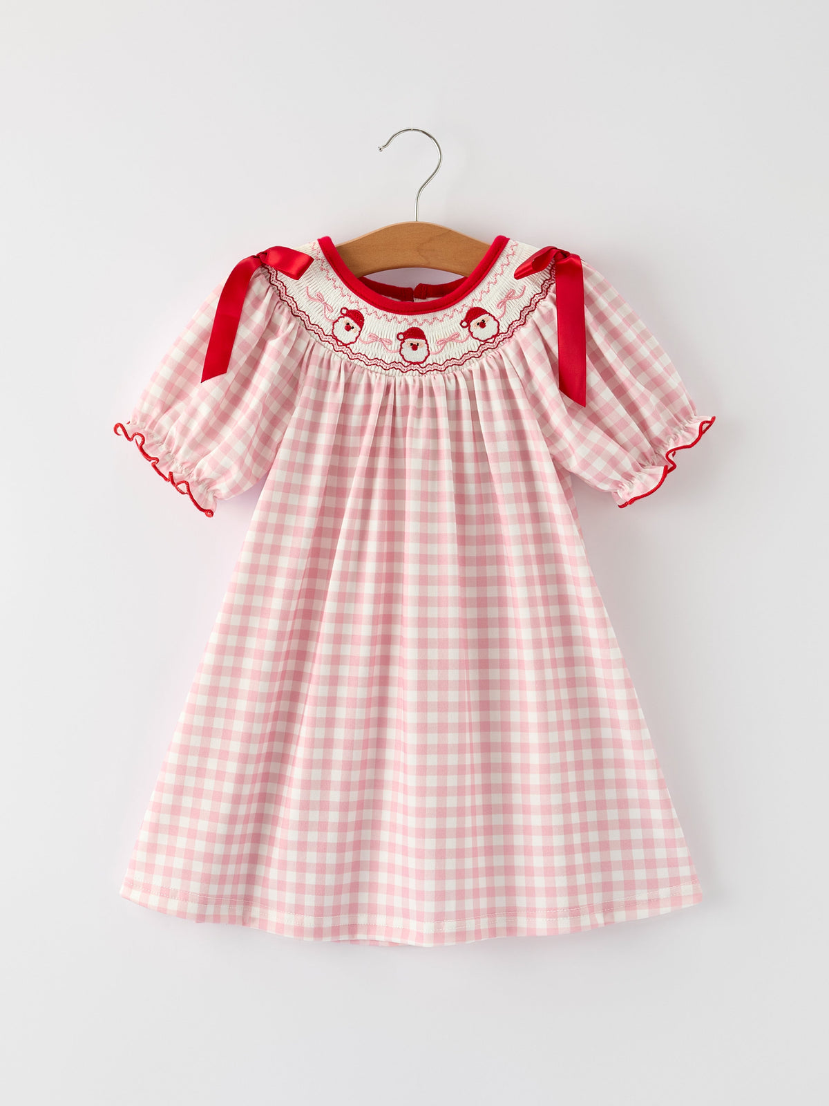 Rylee Faith Designs - Pink Gingham Christmas Girls Dress: Santa Embroidery with Red Satin Ribbon