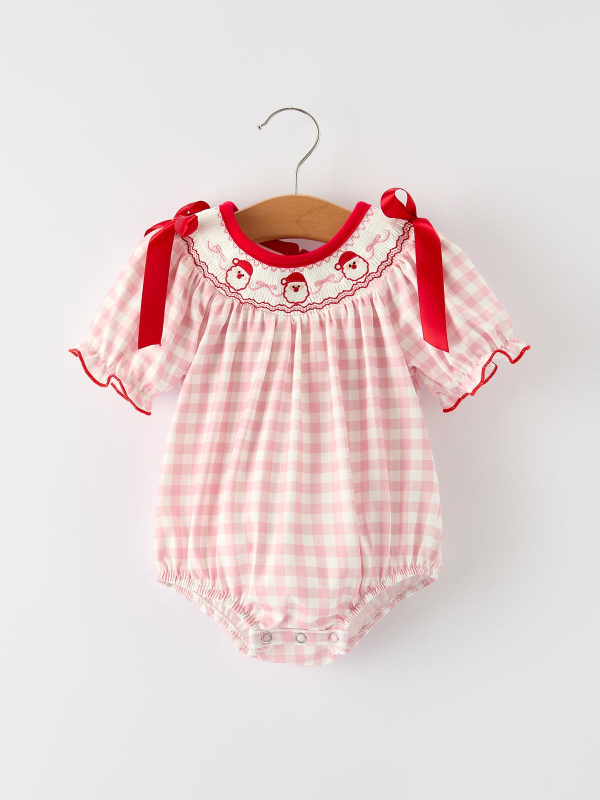 Rylee Faith Designs - Pink Gingham Christmas Baby Girls Romper: Santa Embroidery with Red Satin Ribbon