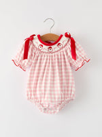 Rylee Faith Designs - Pink Gingham Christmas Baby Girls Romper: Santa Embroidery with Red Satin Ribbon