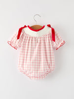 Rylee Faith Designs - Pink Gingham Christmas Baby Girls Romper: Santa Embroidery with Red Satin Ribbon - alternate view 2