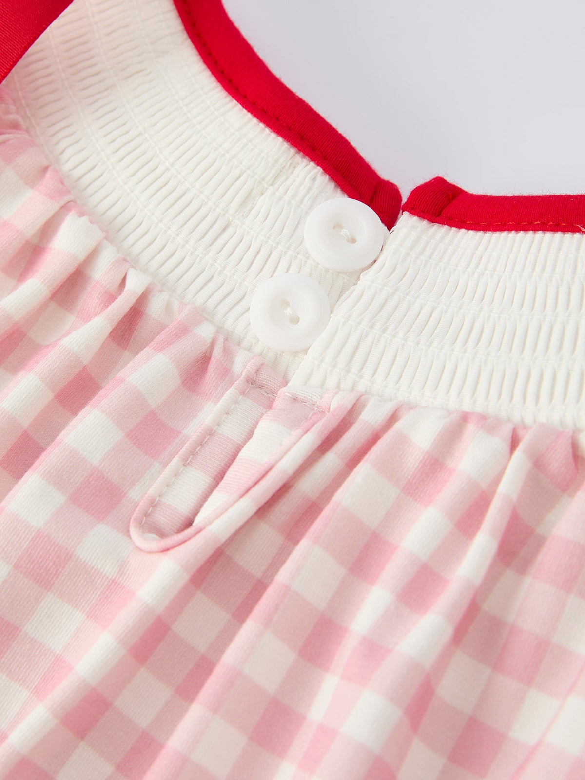 Rylee Faith Designs - Pink Gingham Christmas Baby Girls Romper: Santa Embroidery with Red Satin Ribbon - alternate view 4