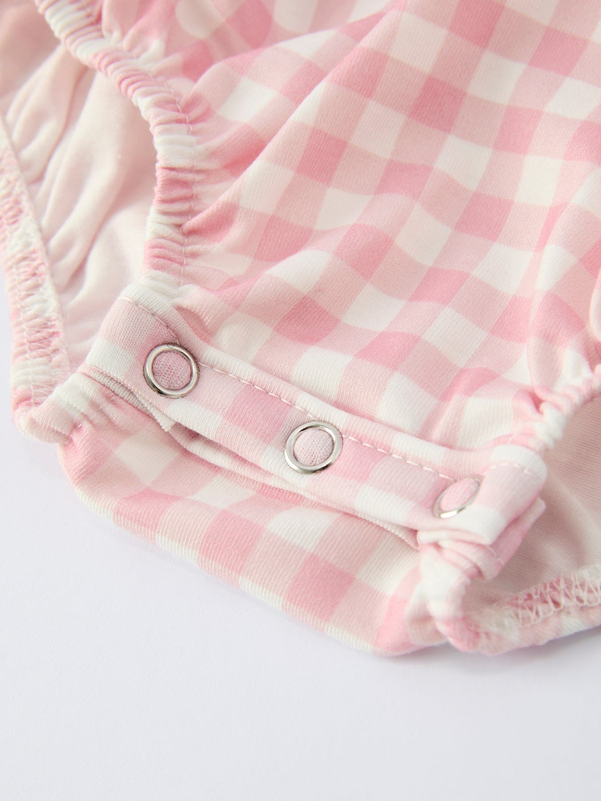 Rylee Faith Designs - Pink Gingham Christmas Baby Girls Romper: Santa Embroidery with Red Satin Ribbon - alternate view 5