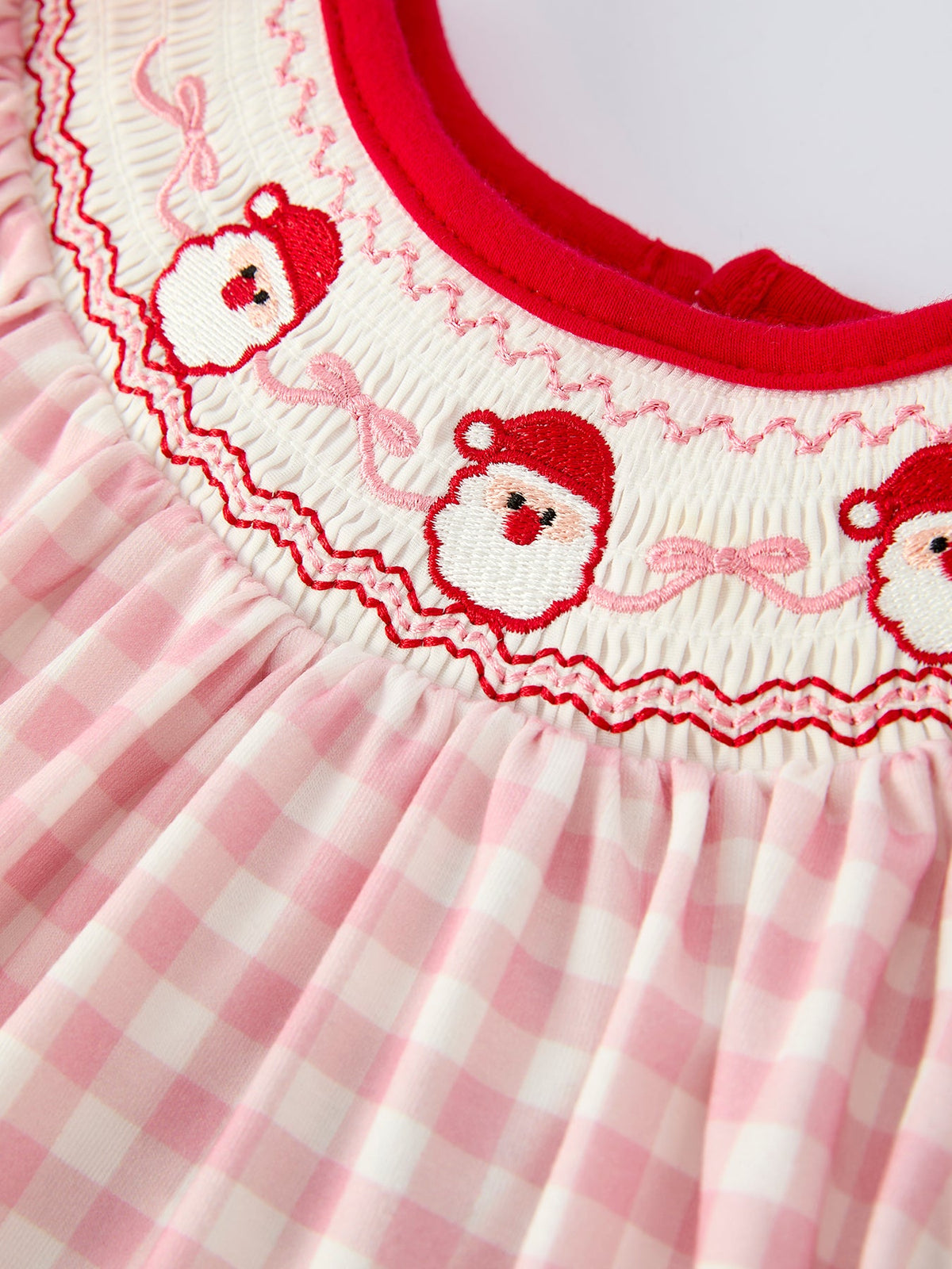 Rylee Faith Designs - Pink Gingham Christmas Girls Dress: Santa Embroidery with Red Satin Ribbon - alternate view 3
