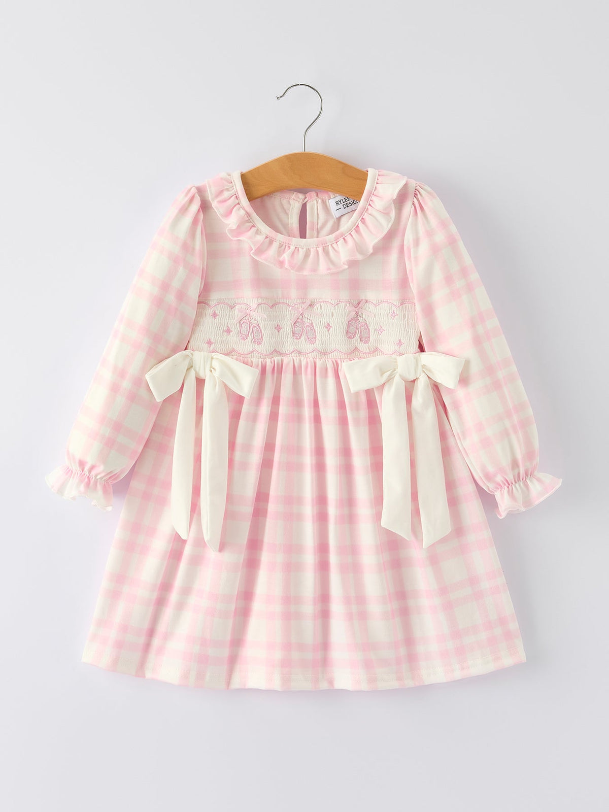 Rylee Faith Designs - Fall Pink Plaid Ruffle Ballet Shoe Embroidery Long Sleeve Dress - alternate view 9