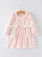 Rylee Faith Designs - Fall Pink Plaid Ruffle Ballet Shoe Embroidery Long Sleeve Dress - alternate view 9