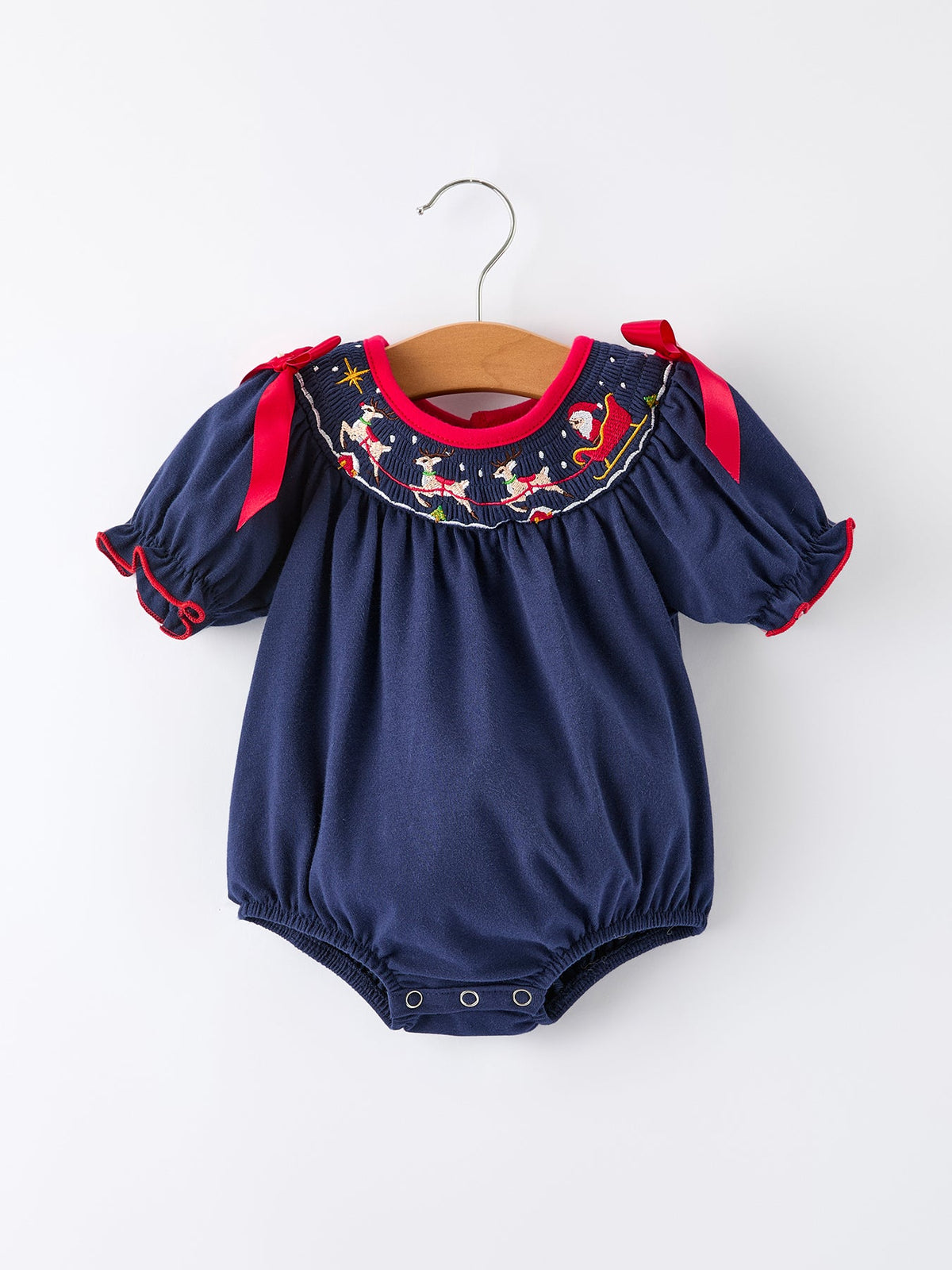 Rylee Faith Designs - Christmas Holiday Celebration Baby Girls Romper: Navy with Santa Sleigh