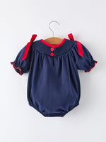 Rylee Faith Designs - Christmas Holiday Celebration Baby Girls Romper: Navy with Santa Sleigh - alternate view 2