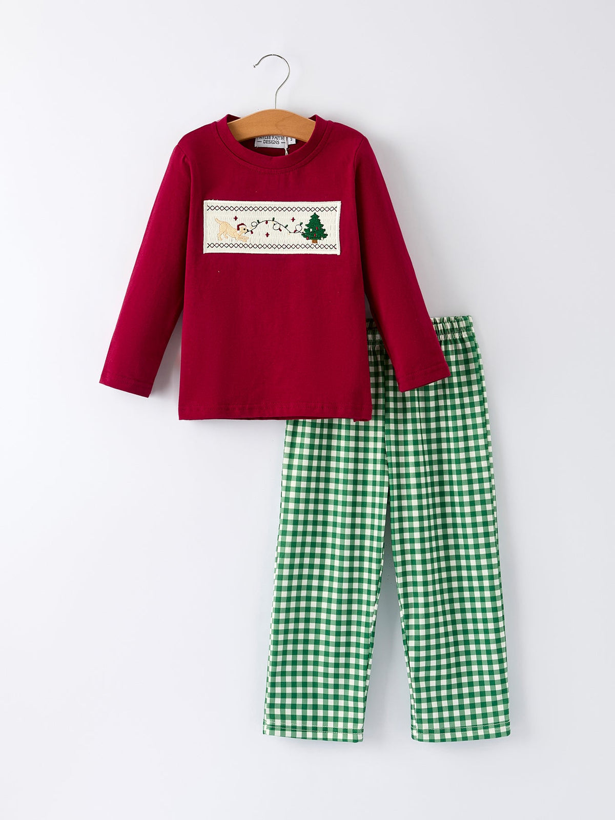 Rylee Faith Designs - Christmas Tree Dog Smocking Embroidered Plaid Boys Set - alternate view 8