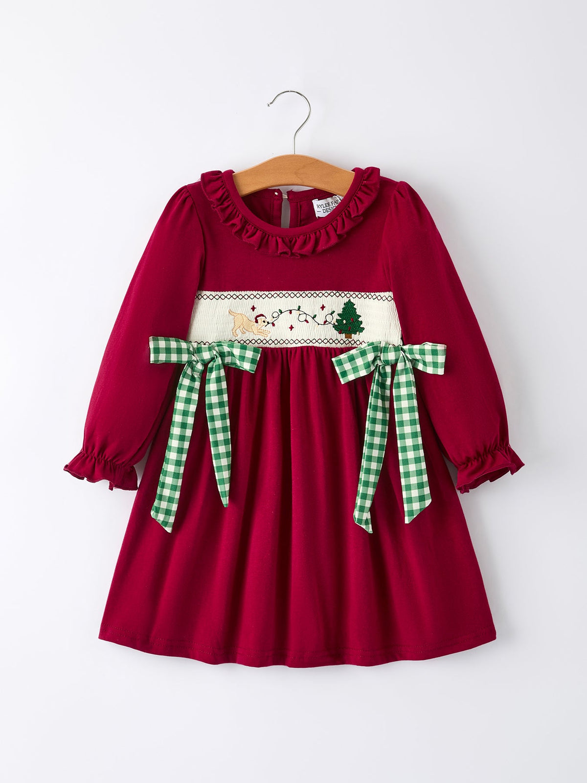 Rylee Faith Designs - Christmas Smocking Embroidered Girls Dress with Green Plaid Bow - alternate view 7