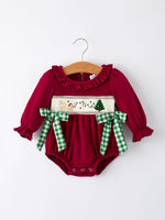 Rylee Faith Designs - Christmas Embroidered Baby Girls Romper with Green Plaid Bow - alternate view 7