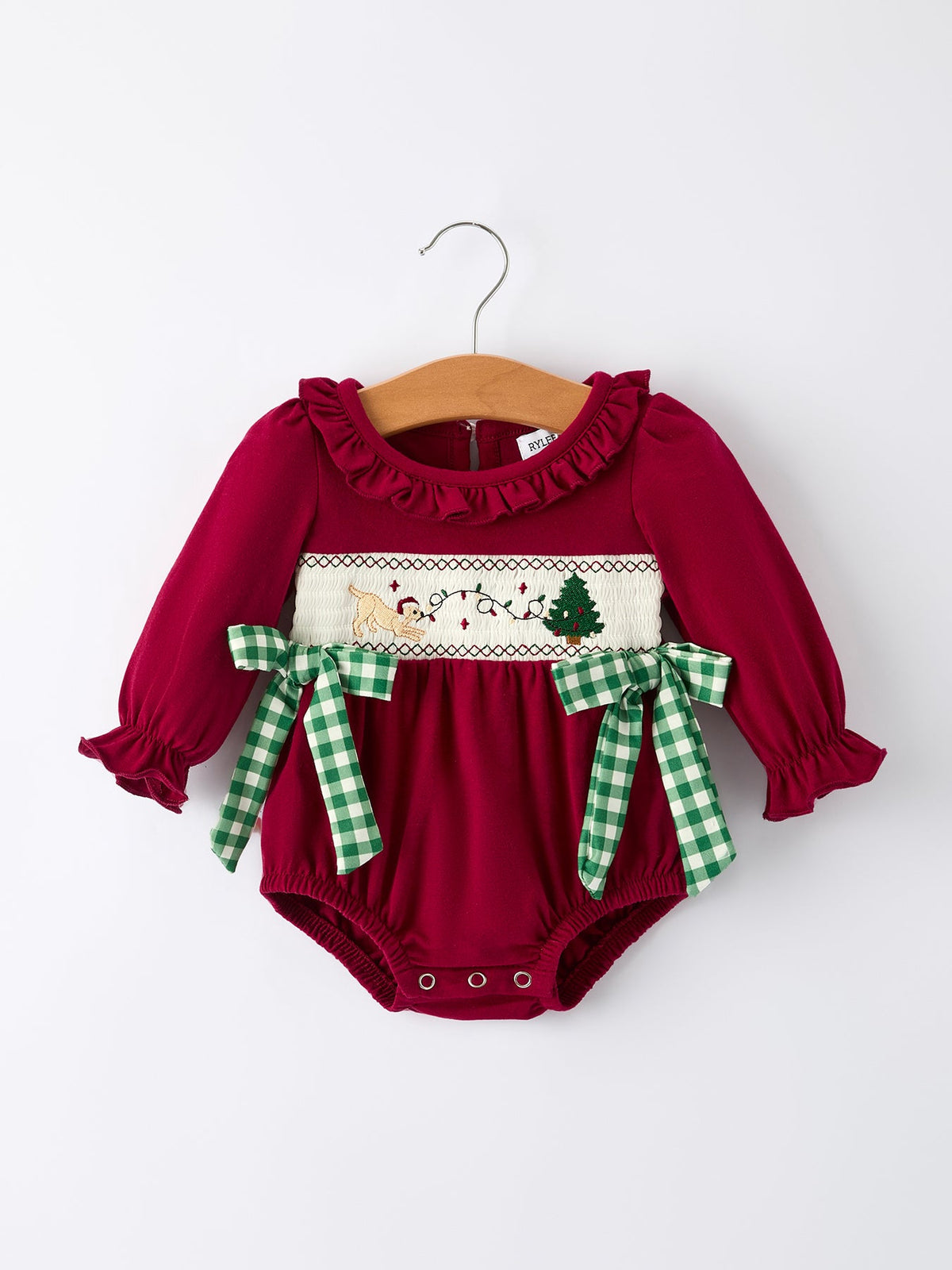 Rylee Faith Designs - Christmas Embroidered Baby Girls Romper with Green Plaid Bow - alternate view 7
