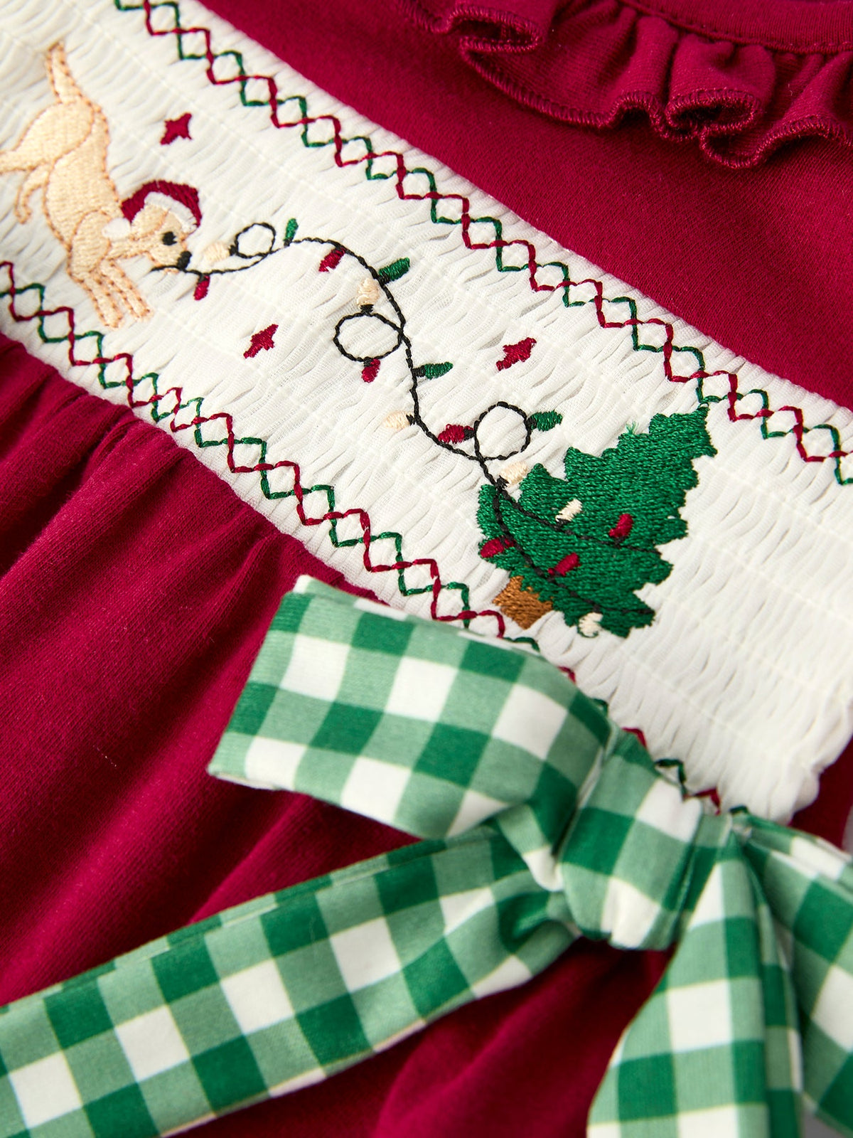 Rylee Faith Designs - Christmas Embroidered Baby Girls Romper with Green Plaid Bow - alternate view 9
