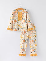 Rylee Faith Designs - Fall Floral Print Girls Pajamas Set with Ruffle Details
