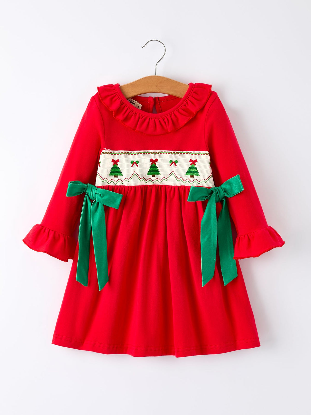 Rylee Faith Designs - Christmas Smocked Dress with Green Bow and Tree Embroidery - alternate view 7