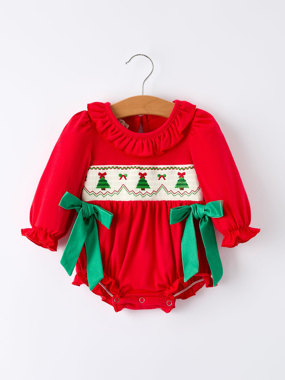 Rylee Faith Designs - Christmas Smocked Girls Romper with Green Bow and Tree Embroidery - alternate view 6