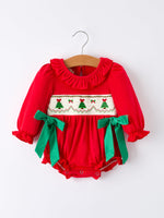Rylee Faith Designs - Christmas Smocked Girls Romper with Green Bow and Tree Embroidery - alternate view 6