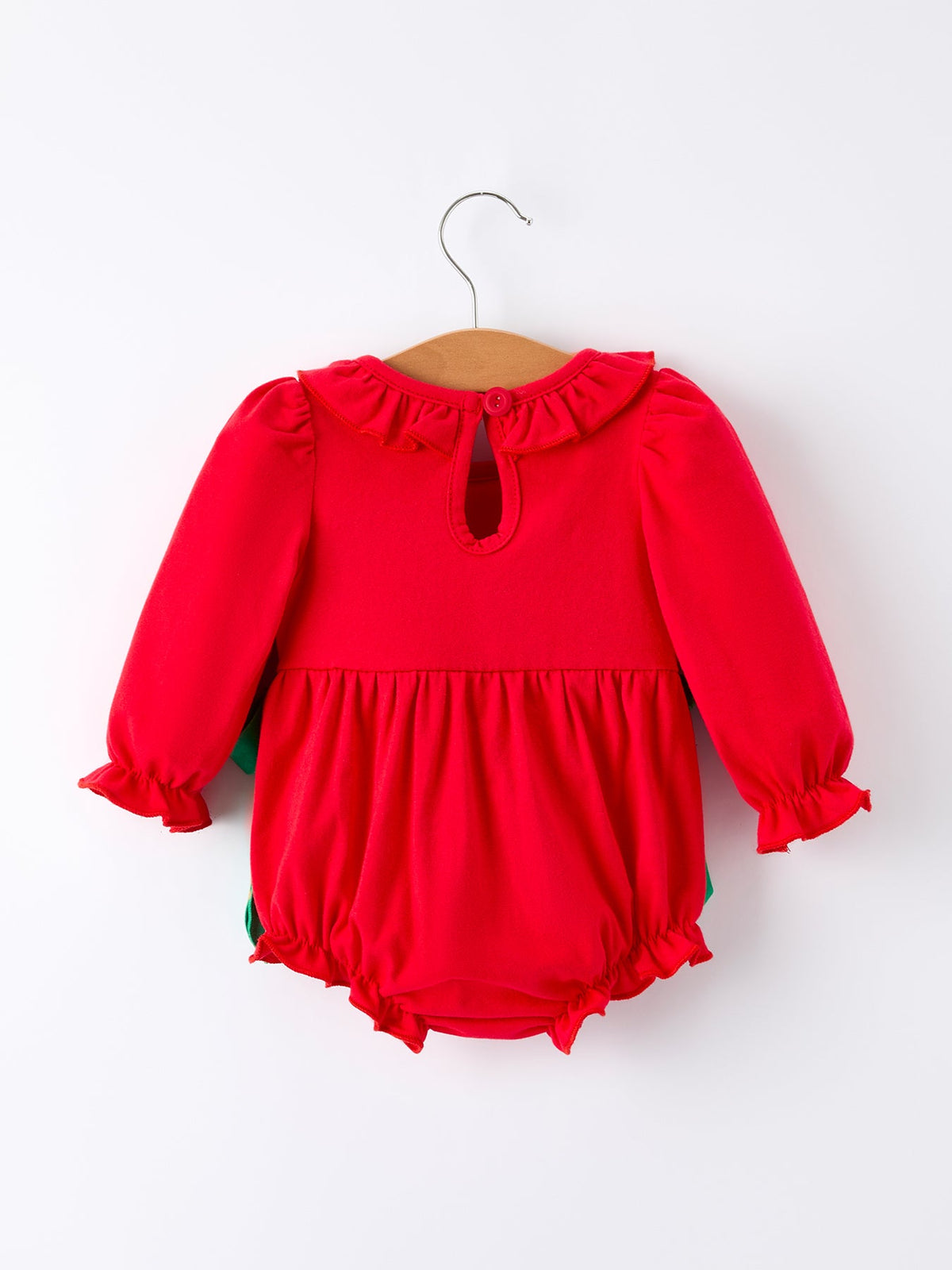 Rylee Faith Designs - Christmas Smocked Girls Romper with Green Bow and Tree Embroidery - alternate view 7