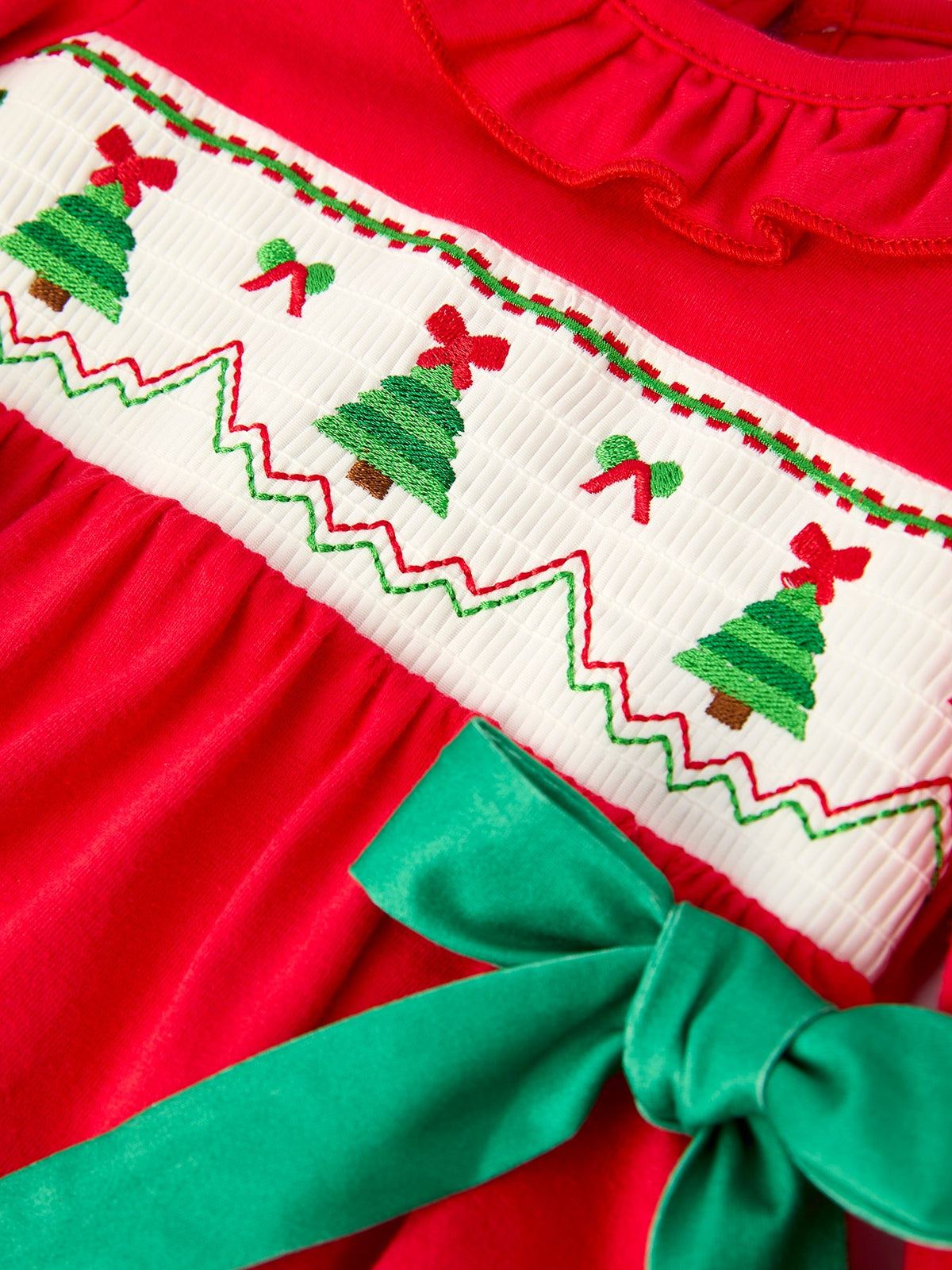 Rylee Faith Designs - Christmas Smocked Girls Romper with Green Bow and Tree Embroidery - alternate view 8